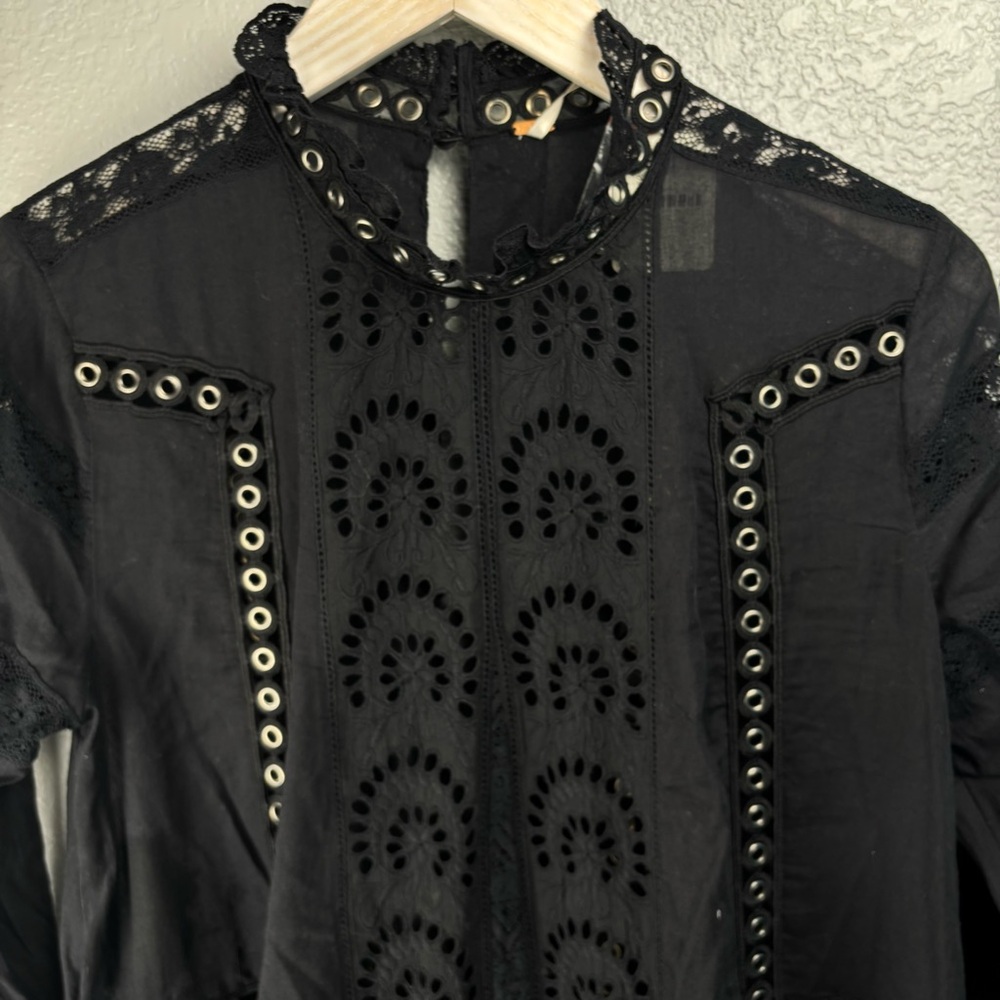 NWT Free People Women’s Black Eyelet Cutout Smock Neck Long Sleeve Dress, Medium - Picture 10 of 13